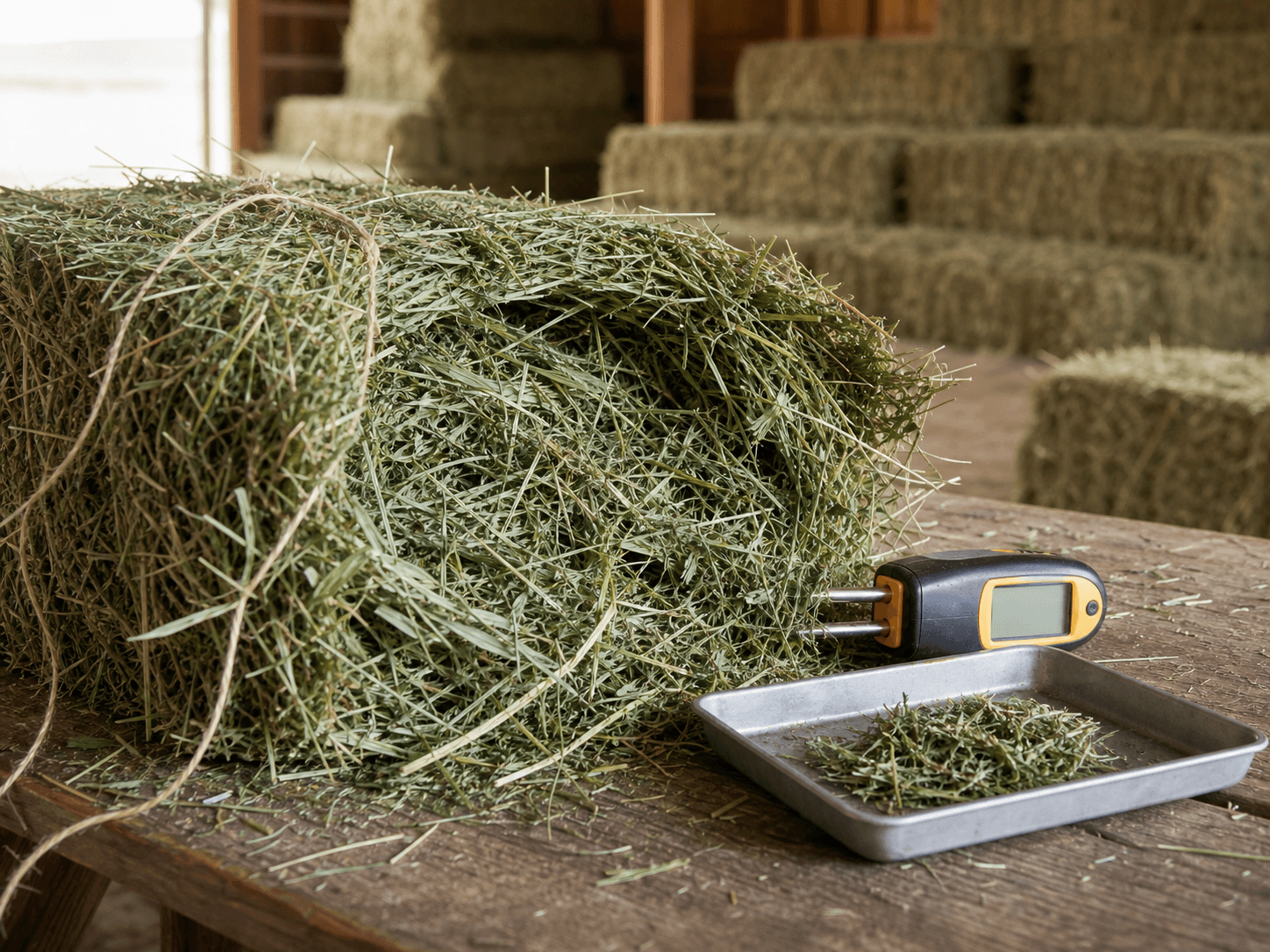 Fresh hay bale being checked in a barn