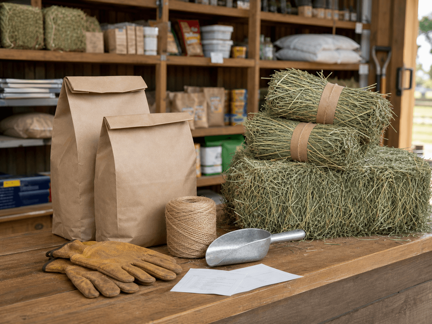 Farm supply order staged on a feed store counter