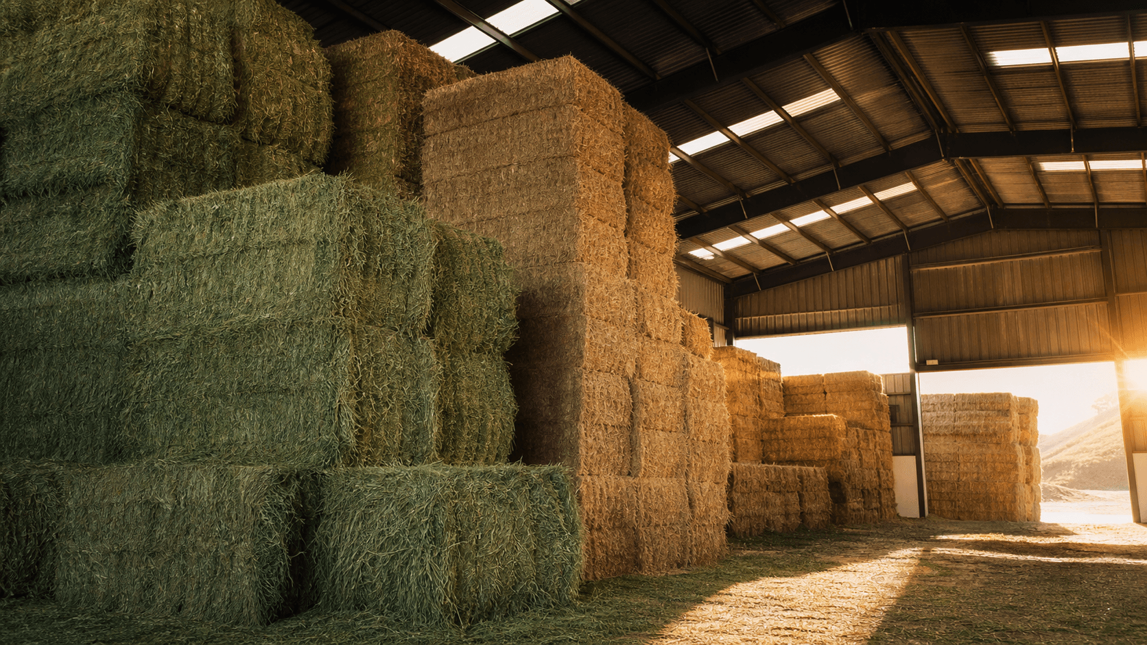 Premium stacked hay bales in a dark barn