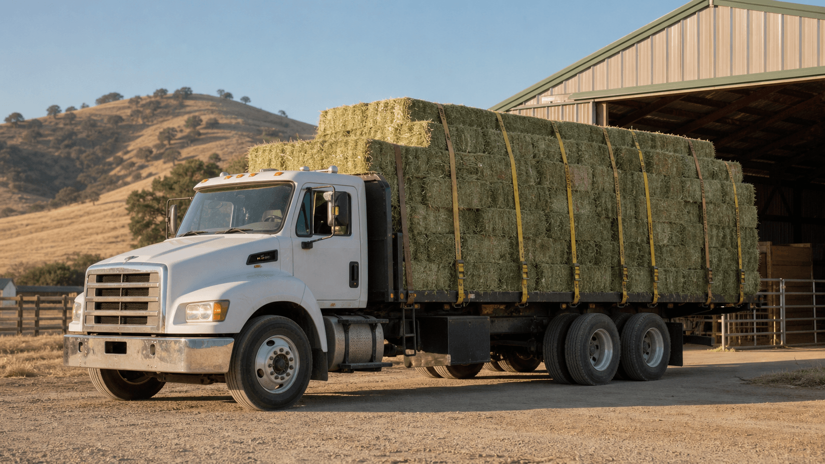 Flatbed truck loaded with hay bales